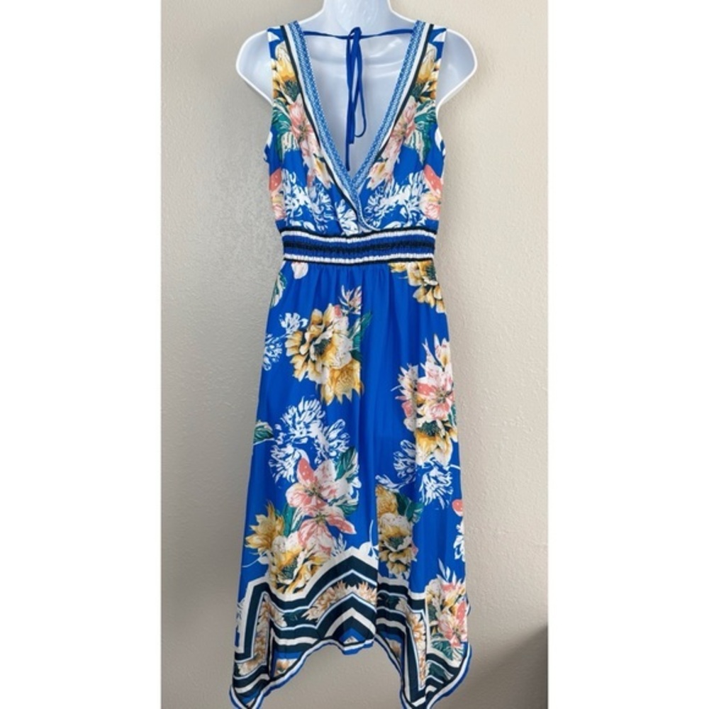 Jealous Tomato blue floral sleeveless asymmetrical hem midi dress M - Picture 6 of 11